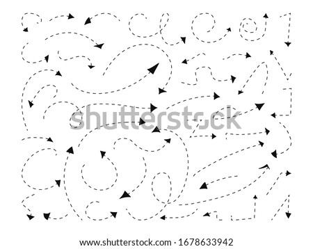 Handdrawn black dotted line arrows set. Doodle left right down direction sign. Sketch curve dash zigzag arrow symbol. Business growth up graphic design elements. Isolated on white vector illustration