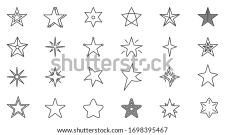 Set of black line star icon. Template stars shape. Simple empty outline for tatto, app, game. Symbol starry magic, night sky. Decoration element for christmas or birthday. Isolated vector illustration