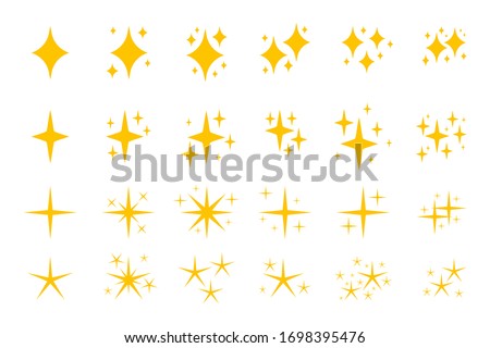 Yellow flat sparkles symbols icon set. Graphic element shiny flash. Decoration starry twinkle. Glitter bright different shape, burst firework glowing light effect.Isolated on white vector illustration