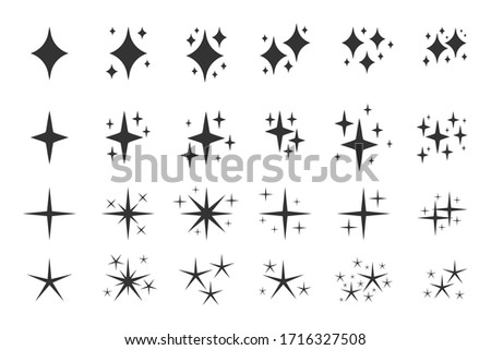 Black sparkles symbols icon set. Glyph template spark for glowing light effect stars, bursts. Silhouette symbol shine, clean, confetti element. Elegant twinkle shape. Isolated vector illustration