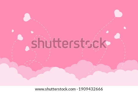 Rose clouds with flying hearts flat cartoon style. Background for Valentine day with place for text. Cloudy pink sky, heaven scene layered effect. Love romantic panorama for flyer. Vector illustration