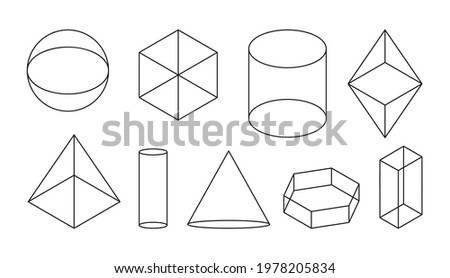 Volumetric basic geometric shapes. Black linear simple 3d figure with invisible shape lines. Isometric views sphere and cube, cylinder and cone and other forms. Isolated on white vector illustration