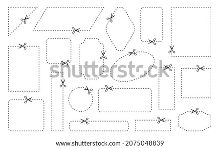 Empty coupon borders with thin dotted line. Set of different shapes square, rectangle with cut lines. Open scissor for cutting discount coupon. Cut out paper, tag Isolated on white vector illustration