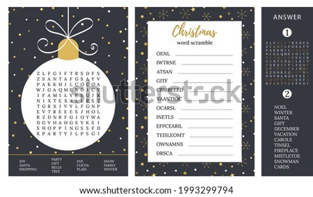 Christmas games. Word search puzzle, word scramble. Logic games for adults and teenagers.   Activities ideas supplies  