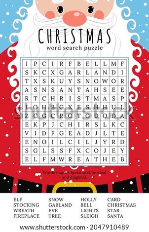 Christmas word search puzzle. Educational game for children. Winter holidays  theme learning vocabulary. Crossword with funny Santa Claus. Printable worksheet. Suitable for social media post. 