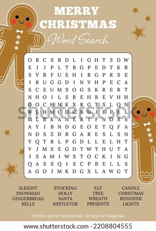 Christmas word search puzzle. Logic game for learning English words. Holiday festive crossword. Printable activity sheet. Vector illustration. Worksheet about winter.