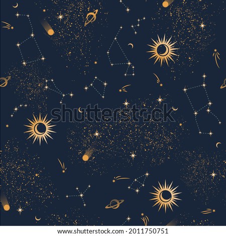 Space seamless pattern, beautiful galaxy, stars, planets, constellations in outer space. Texture for wallpapers, fabric, wrap, web page backgrounds, vector illustration. Retro illustration. 