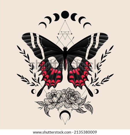 Vector illustration with butterfly. Abstract mystic sign. Black linear shape. For you design, tattoo or magic craft.