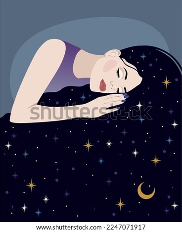 Sleeping woman with long hair. Woman dreaming in night sky and stars. Vector illustration