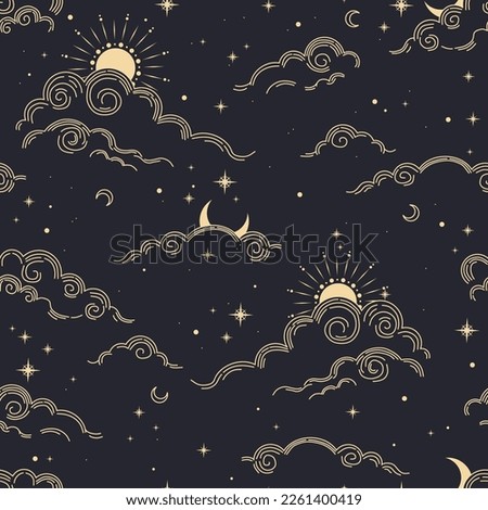 Seamless magic pattern with sun, moon, clouds, stars. Vector elements on dark background. Cosmos print.