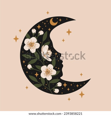 Magic crescent moon with flowers and stars. Boho style. Esoteric and mystical Vector illustration