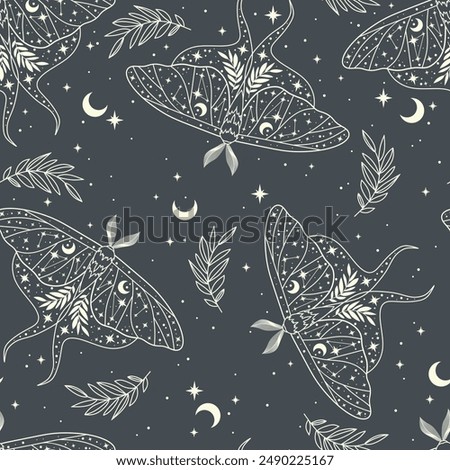 Vector seamless pattern with moon moth and stars. Contemporary composition. Trendy texture for print, textile, packaging.