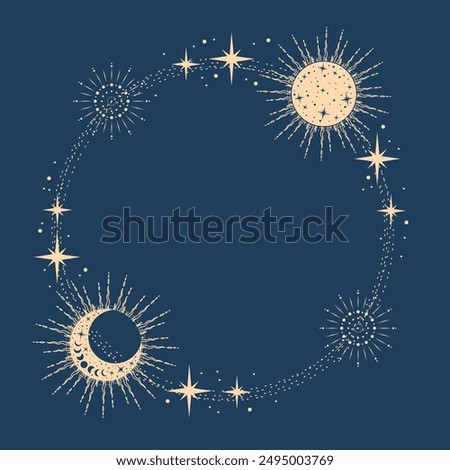 Magic blue vector frame with sun, moon, stars. Mystic frame for tarot, esoteric, astrology design. Template for poster and prints.