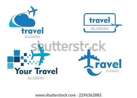 tourism company logotype concept. airlines and jet plane, lowcost airways brand, logistic, lowcoster graphic abstract template, sport blue logo idea. Flying around world.