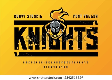 Medieval warrior knight in helmet. Logo, emblem, symbol. Bold font, rough sport alphabet with letters and numbers. Dynamic headline and superhero logo. Type for sport, race, gym, car, automotive.