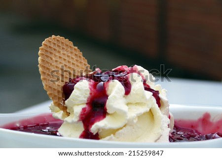 Ice cream with whipped cream, biscuit and red sauce