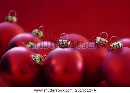 christmas background red in red, group of christmas balls with golden loops, copy space for your text in the backdrop