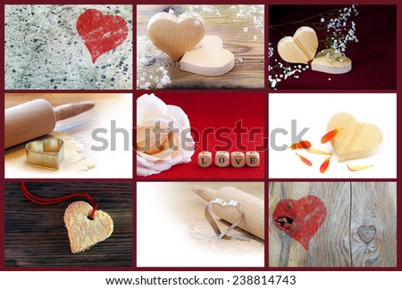 love collage with hearts and love symbols for valentines or other romantic occasions, nine images