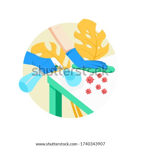 Cleaning surface of table with alcohol spray and fabric for prevent infection of Covid-19 virus. Vector illustration