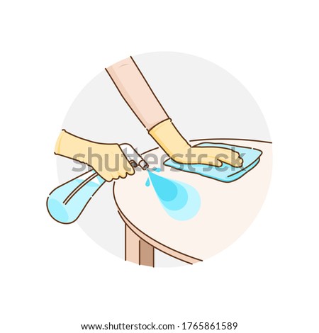 Cleaning surface of the table with alcohol spray and fabric for prevent infection of Covid-19 virus. Vector illustration