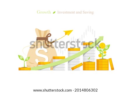 Return on investment and saving. Consisting money trees, arrow up, gold and silver coins for the success concept. About business and investment. Vector illustration