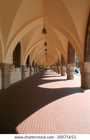 Brightly lit archway of a building in Rhodes with nice shadow pattern