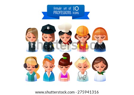 Professions Vector Flat Icons. Set of 10 professions , eps10 vector format. Icons of people   Isolated on white background. female profession. Icons style flat.