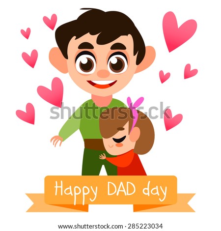 Happy Father\'s day postcard with people. vector illustration. Baby and father together. Cute characters. Family together. Dad and baby hugs.