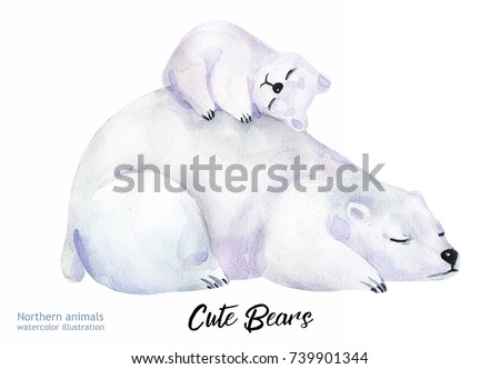 Watercolor animals illustrations. Cute wild animal. Polar Bears silhouette isolated on a white background. Sketch art.  Mother's Day card handmade. Save the Arctic.