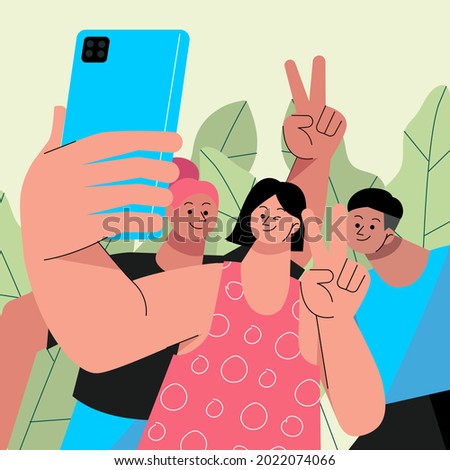 People taking photos with smartphone. Friends use selfie-camera. Smile together. Posing crowd. Happy character man or woman. Vector illustration.