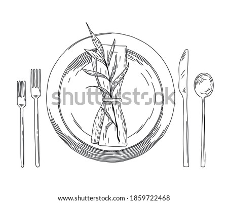 Vector illustration of a plate, fork and knife. Table setting. Decorating a plate with a branch and napkin. Line graphics. Image on an isolated white background. for restaurant menus. Doodle