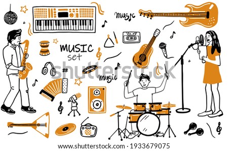 Music items doodle icons set. Hand drawn sketch with notes, instruments, microphone, guitar, headphone, drums, music player and music styles lettering signs, vector illustration, isolated