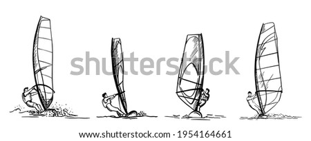 Large vector set of wind surfing. A guy on a windsurf rides on the waves. hand drawing. Sketch. doodle