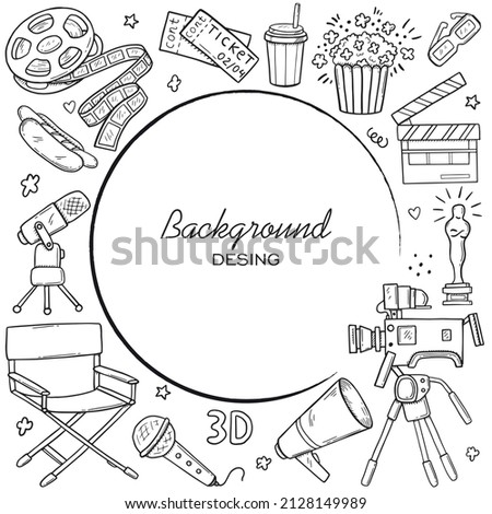 Cinema handmade. Vector illustration. Film production icons. social media Freehand cinematography elements: camera, film, camera, pizza, popcorn, projector, microphone
