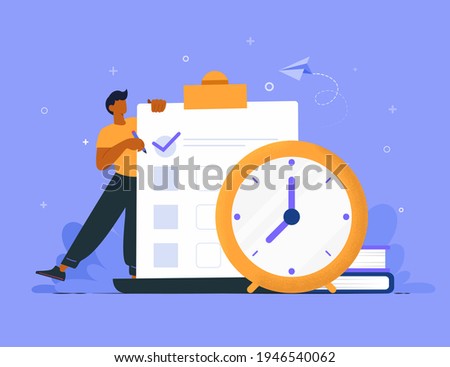 Time management concept planning, organization, working time. Time organization efficiency. Schedule job project team. Good business process. Time control plan technology. Vector illustration.
