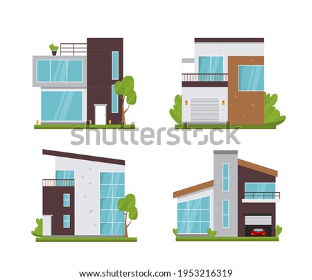 House collection. Modern suburban cottage. Townhouse building apartment. logo icon set. Townhouse neighborhood. Real estate. Home facade. Home residential houses. Vector illustration.