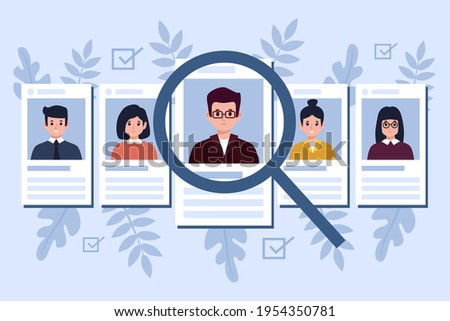 Recruitment concept. Search, choice of worker for company. Check professional experience candidate job vacancy. Personnel work. Headhunter employer. Hire or select employee. Vector illustration.
