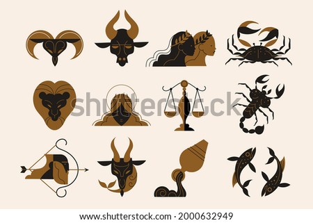 Zodiac sign set. Astrology symbol icon. Horoscope zodiac constellation - aries, taurus, gemini, cancer, lion, virgo, libra, scorpion, sagittarius, capricorn, aquarius, pisces. Vector illustration.