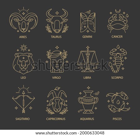 Zodiac sign set. Astrology symbol icon. Horoscope zodiac constellation - aries, taurus, gemini, cancer, lion, virgo, libra, scorpion, sagittarius, capricorn, aquarius, pisces. Vector illustration.