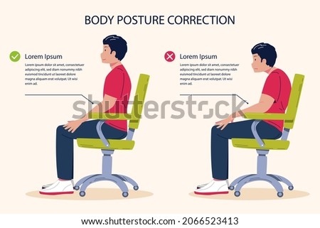 Posture correction. Good, right or bad, wrong, incorrect spine seat position. Correct posture neck, back. Human health, medical diagram. Ergonomic workstation, workplace sit. Vector illustration. 
