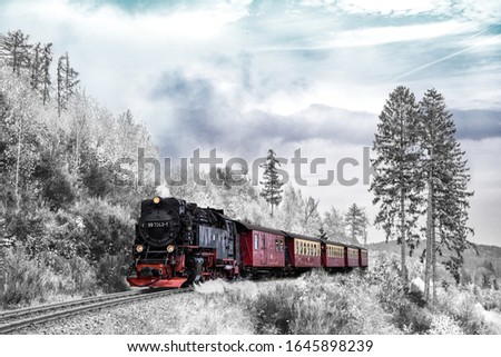 Uma bela locomotiva viajando em seus trilhos entre a natureza em um belo dia com nevoeiro. Foto stock © 