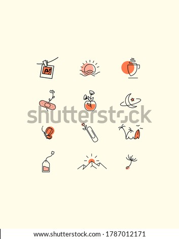 Linear icons with sun and moon, sea and stars, flowers, various cute little things. Small delicate logos and icons for womens business.