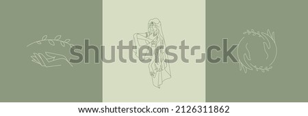 Set of linear logos for women's business, beauty salon, massage parlor, dance studio. An image of an oriental princess in national dress, a dancing girl. Image of hands and a branch of a plant Stok fotoğraf © 