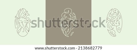 Modern abstract portrait. Logo for business in the beauty industry, spa, health, massage parlor, cosmetics, personal care. Linear stylized image of a girl's face in leaves. Forest nymph. Smooth lines Stok fotoğraf © 