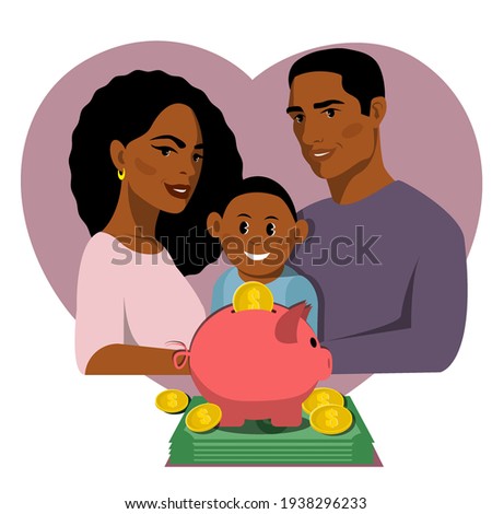 African American couple with a child planning a family budget. Family Income. Planning family finances. Stock vector illustration.