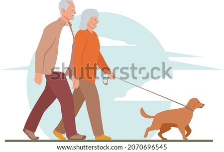 Two elderly people take a walk in the park on a clear day with their dog. A joyful elderly couple on a walk with their pet. Stock vector illustration