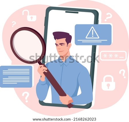 Internet information retrieval, people search, crime investigation, bug report document. Cybersecurity on the Internet, security hacking, data fraud, password matching. Stock vector illustration