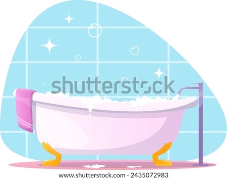 Bathroom interior with bathtub, ceramic bathtub with hot water and foam. Stock vector illustration