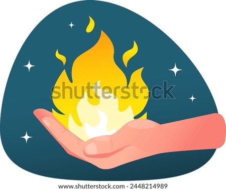 Prometheus gives fire to people, palm with flame. Stock vector illustration