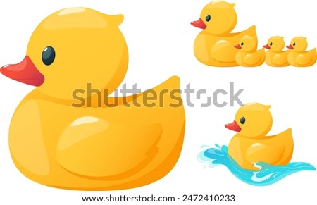 set of yellow rubber bath ducks, rubber baby toy. Stock vector illustration